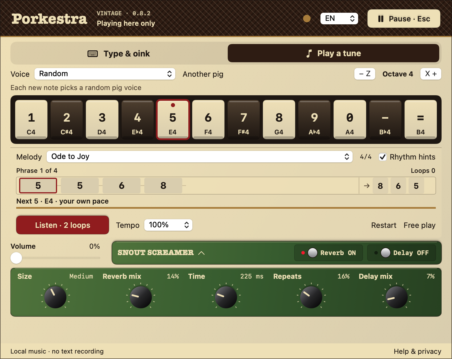 Porkestra Mac app with a playable keyboard, Ode to Joy lesson, and green Snout Screamer reverb and delay pedal